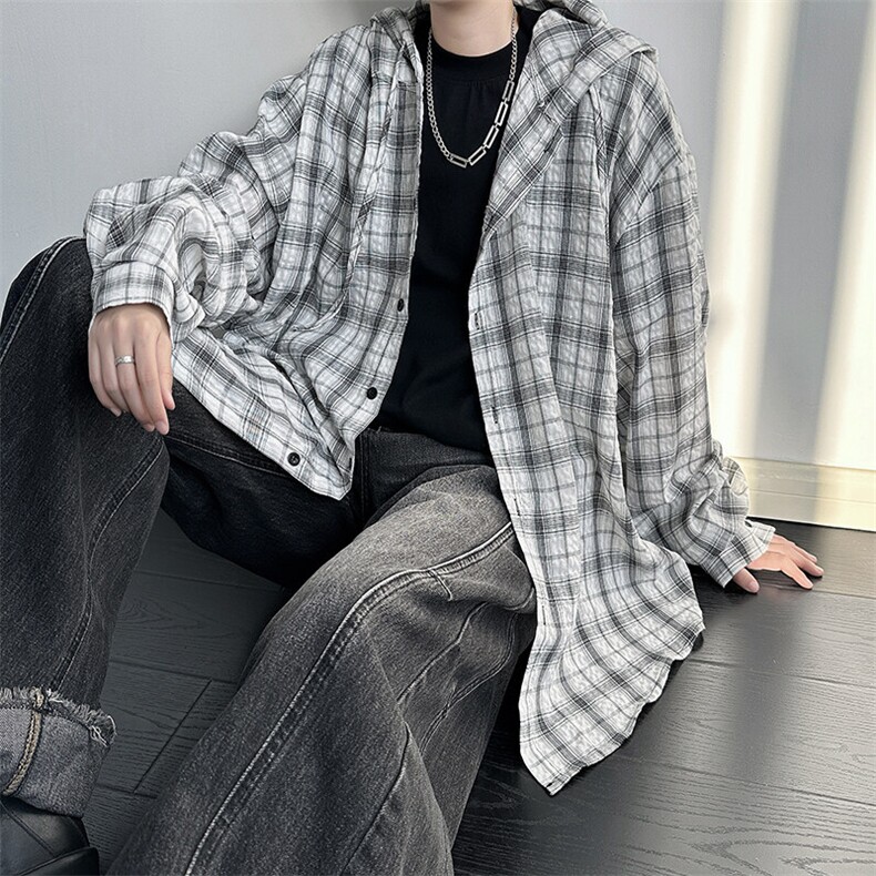 廓形防晒衬衫男夏季长袖冰丝薄款亚麻格子衬衣开衫外套CS29006P50图片
