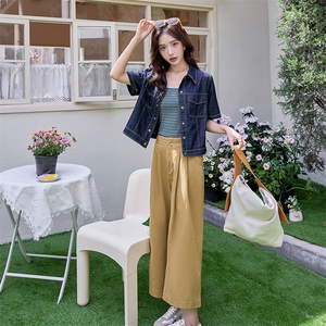 时尚牛仔套装女2025夏季淡人条纹洋气减龄小个子工装阔腿裤三件套图片