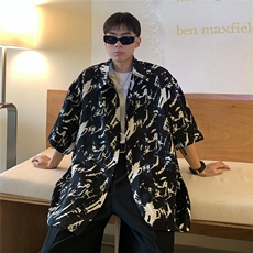 美式暗黑高街夏季冰丝扎染短袖衬衫男2024新款夏装衬衣港风潮流，男装衬衫，电商C306-1