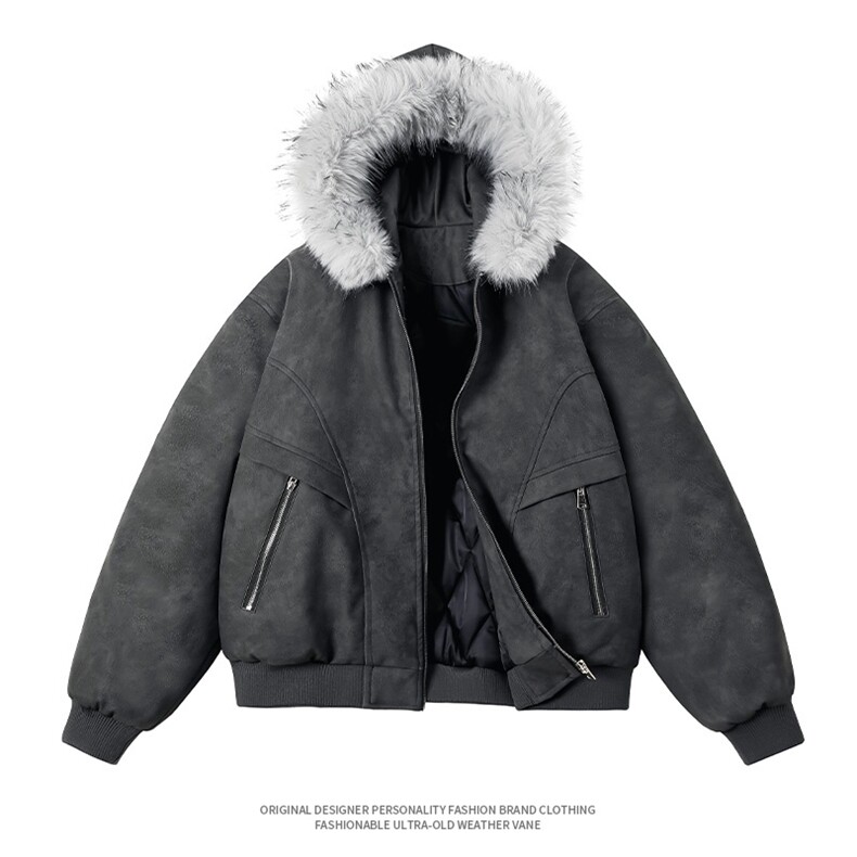 现货 扎染PU皮棉服男冬季加厚连帽棉衣座山雕大毛领外套M090-P120图片