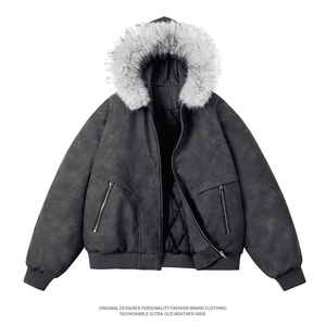 现货 扎染PU皮棉服男冬季加厚连帽棉衣座山雕大毛领外套M090-P120图片
