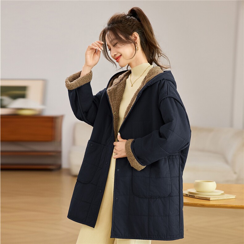 叶笙衣82592棉布拼泰迪绒长款外套,女装棉衣/棉服,叶笙衣