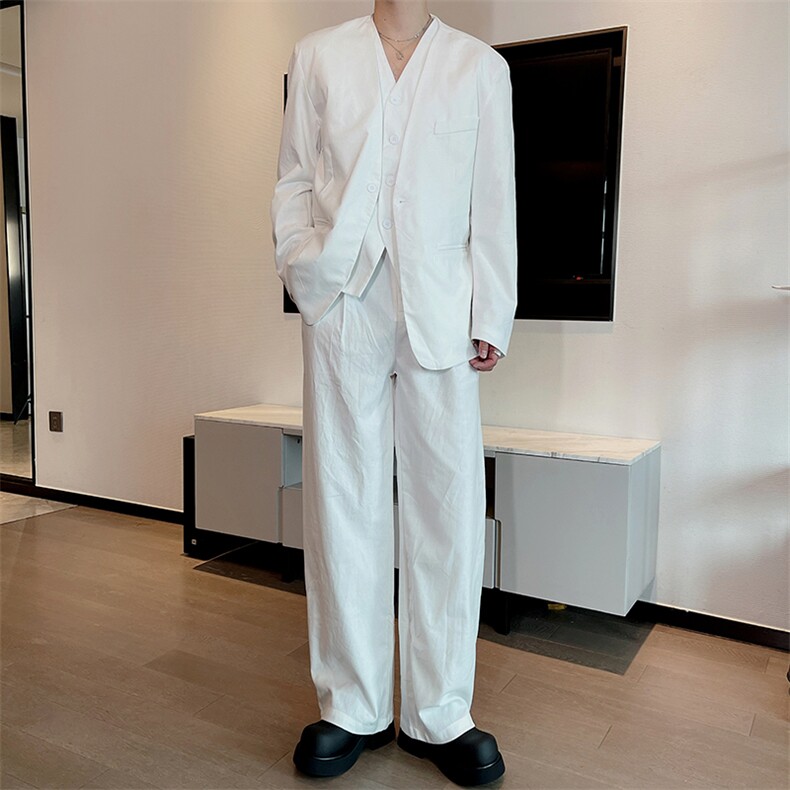 春秋休闲亚麻西服套装男时尚帅气西装马甲阔腿裤三件套TZ263-P265,男装西服套装,电商B267