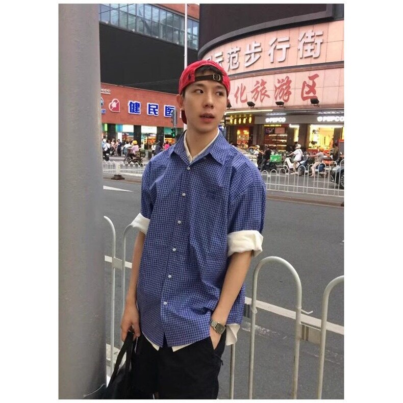 CS27-特P33控58美式复古蓝色格子长袖衬衫男潮流衬衣外套上衣,男装衬衫,电商B327