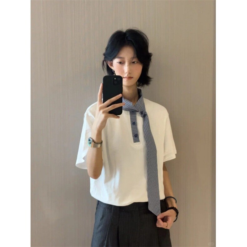 DXY247LL-P44美式领口拼接格子领带短袖t恤高级感痞帅半袖,男装T恤,星座1007（原301D）