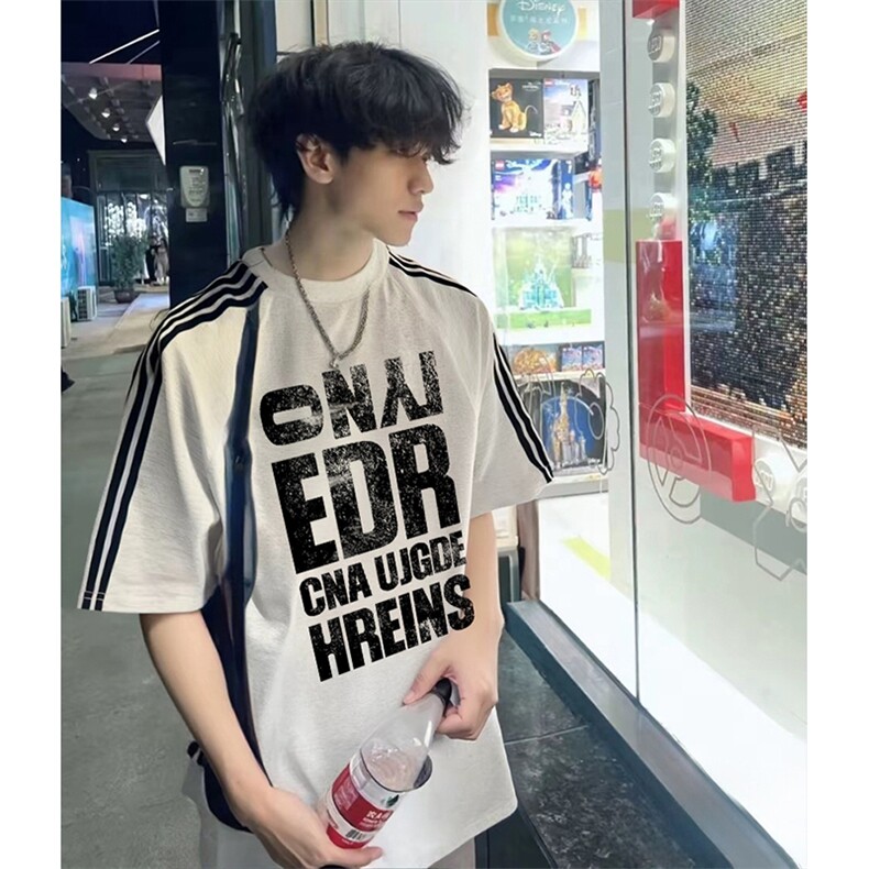 抖音得物品质二开240克宽松纯棉美式潮牌印花三条杠中性风短袖T恤,男装T恤,电商A486