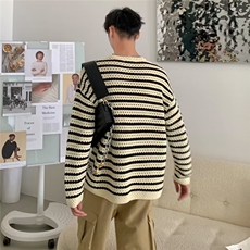 594-P33黑白条纹镂空针织衫男女日系慵懒风高级感长袖打底衫，男装T恤，电商B323A