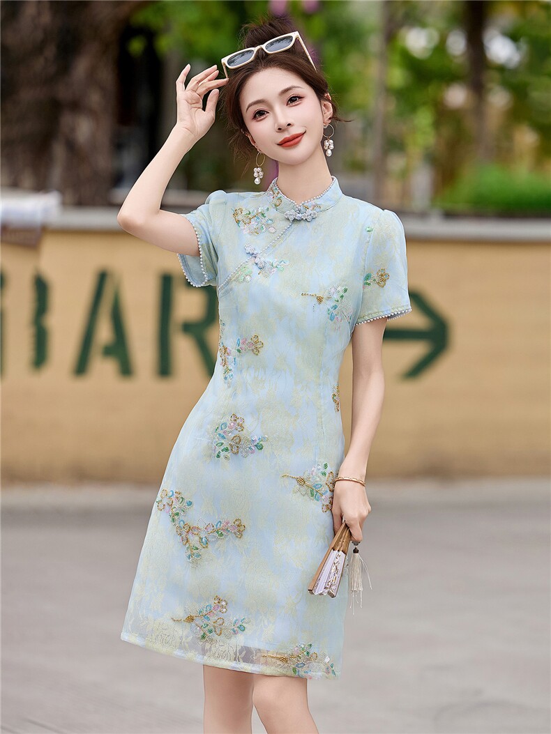 新中式提花短裤套装女2026夏季新款修身显瘦改良旗袍裙重工艺订珠,女装连衣裙,贵人树
