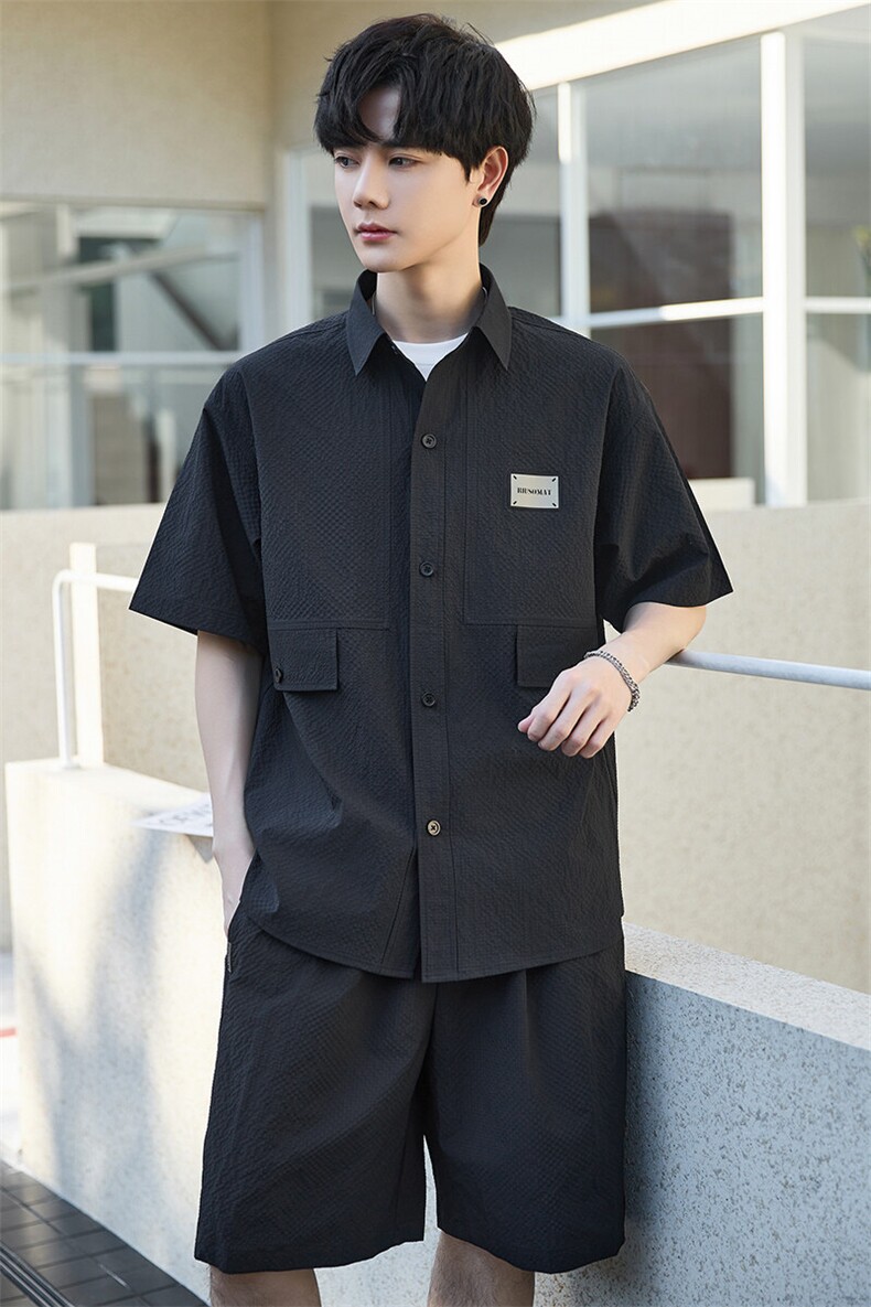 休闲套装男夏季薄款衬衫男士短袖短裤两件套衬衣帅气Y2505-P105,男装休闲套装,电商A355（原A415）