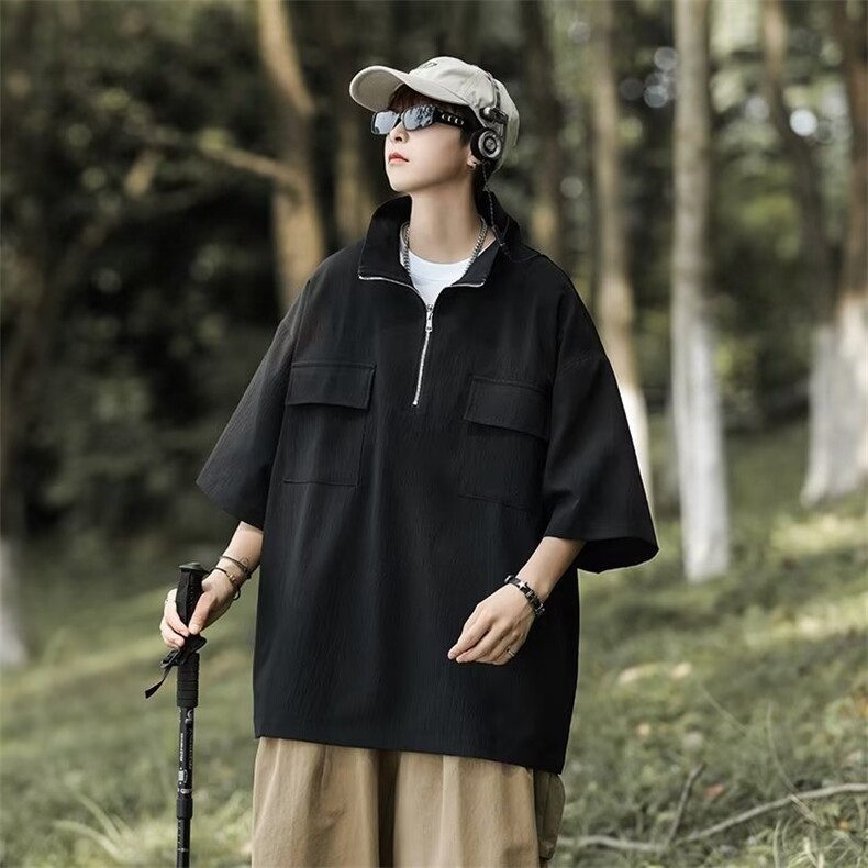 夏季半拉链高领衬衫男短袖t恤潮牌复古垂坠感小众休闲薄款衬衣服,男装衬衫,星座716-3