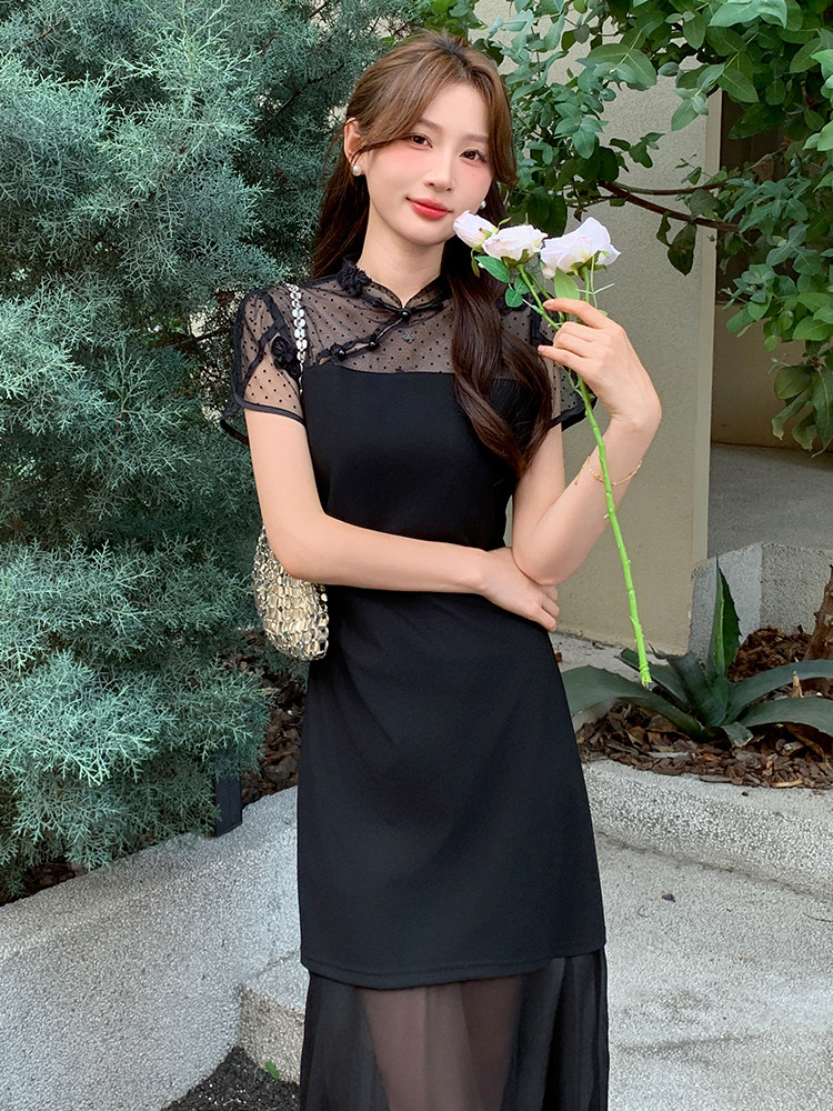 蕾丝拼接网纱连衣裙女夏季新款气质女人味中长款裙子中国2025,女装连衣裙,玖莱伊