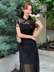 蕾丝拼接网纱连衣裙女夏季新款气质女人味中长款裙子中国2025，女装连衣裙，玖莱伊