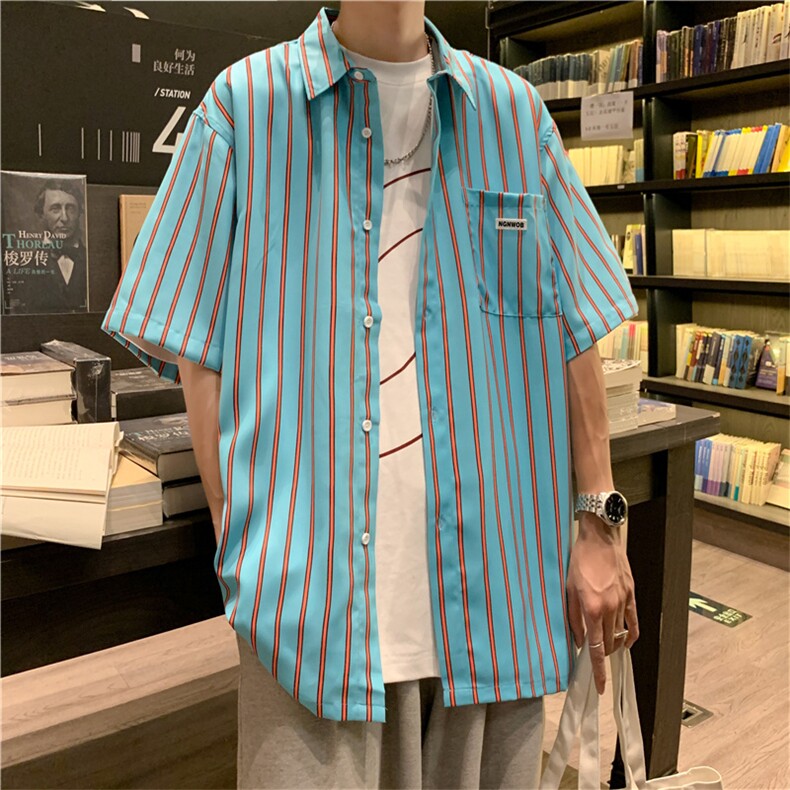 2023夏季薄款条纹短袖衬衫休闲日系学生设计感小众衬衣 W991-P32图片