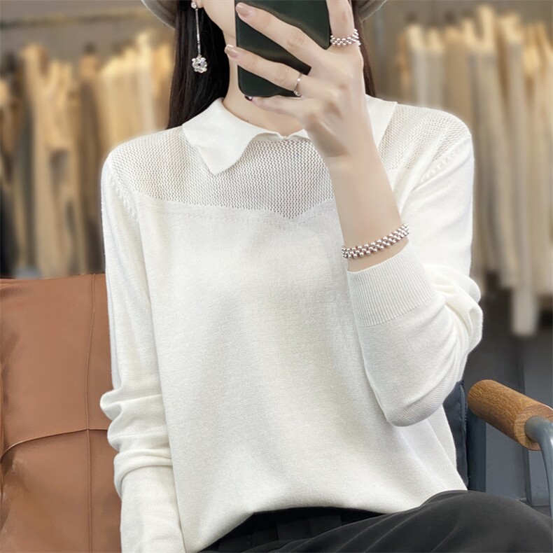 2024秋季新款韩版polo领长袖内搭打底衫女百搭修身短款针织衫,针织衫/毛衣,暖娇绒包芯纱店