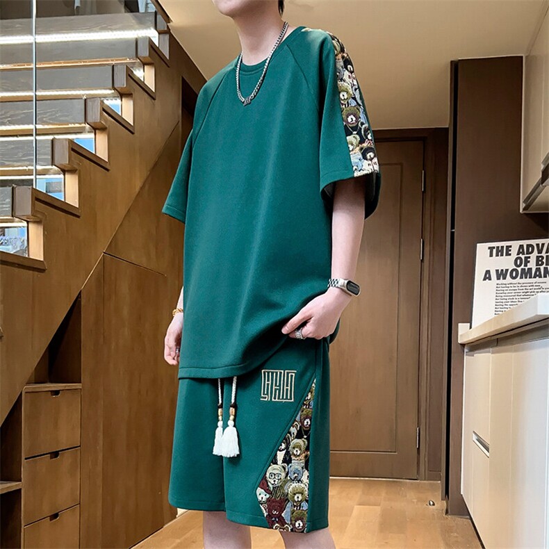男士短裤两件套刺绣夏季休闲运动套装男宽松T恤A266-TZ9958-P50,男装休闲套装,电商A266