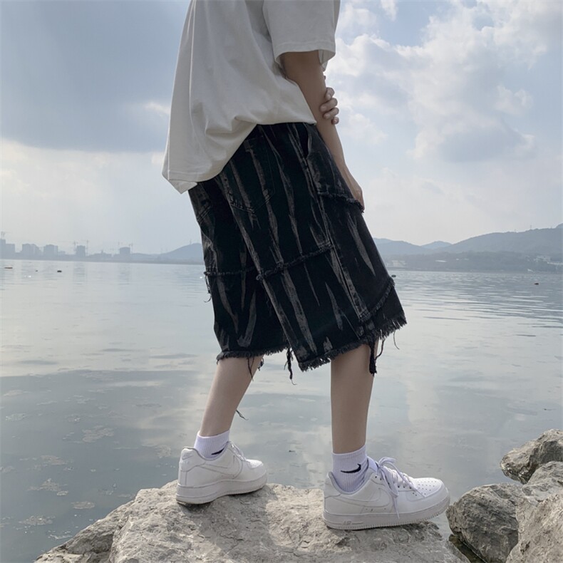 毛边扎染牛仔短裤男设计感小众高街夏季美式街头五分裤AD101-p40,男装牛仔裤,星座1008