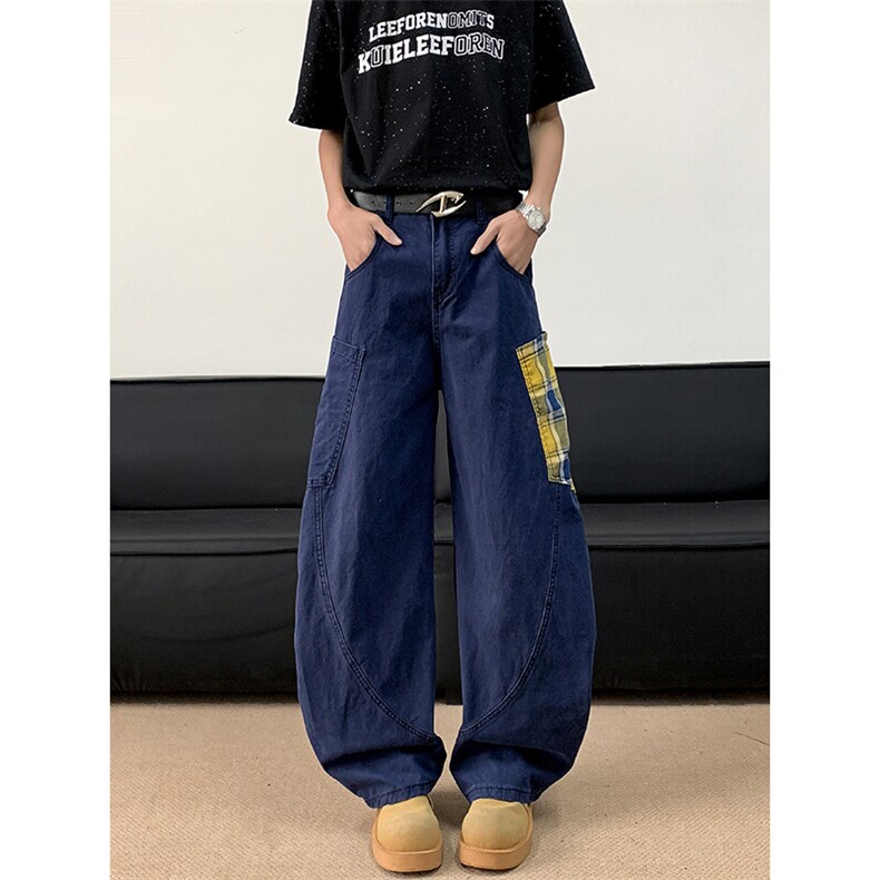 格纹口袋拼接弯刀工装裤男夏季新款痞帅宽松直筒休闲裤K125-P55图片