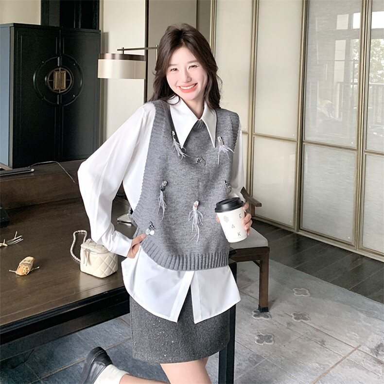 学院风复古减龄衬衫上衣马甲套装女2025春秋新款高级感时尚两件套,女装马甲,维壹