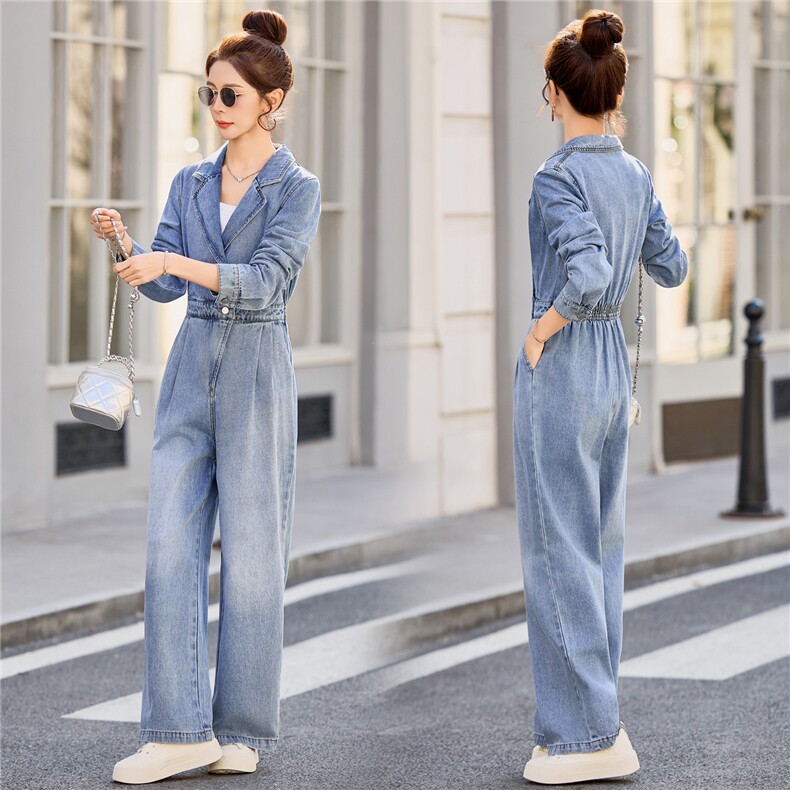 （新款现货）2026春装时尚显瘦西装领工装牛仔阔腿腰带连体裤女，女装连体裤，印象茜