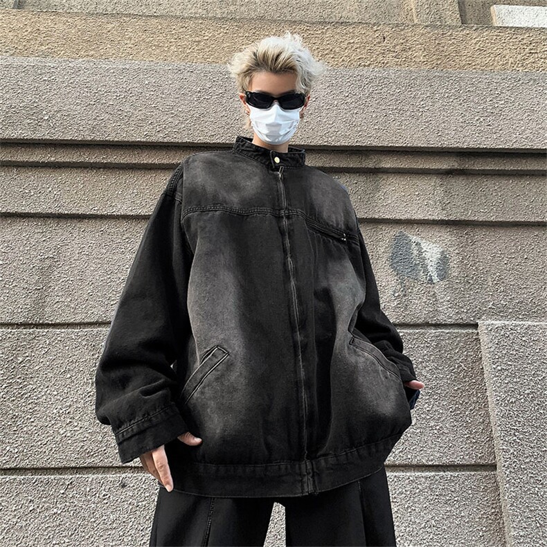 F23-P68 美式复古水洗做旧宽松夹克春秋季炸街高级感牛仔外套男图片