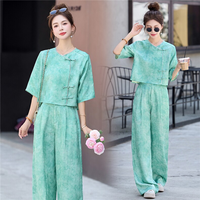今年流行新中式一整套女夏装高级感气质国风禅意上衣阔腿裤两件套，女装套装/套裙，伊仟回