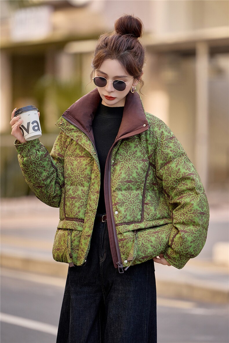 90绒白鸭绒羽绒服女2025冬季新款印花复古优雅加厚保暖,女装羽绒服,余墨
