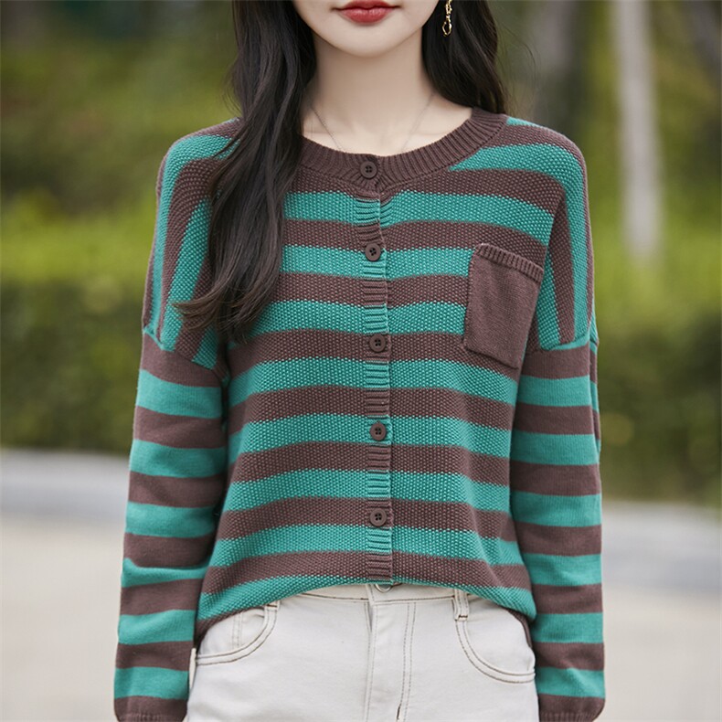 100%纯棉针织开衫女圆领条纹拼色加厚针织衫毛衣宽松带兜棉麻外套，女装针织衫/毛衣，斯美雅电商供货