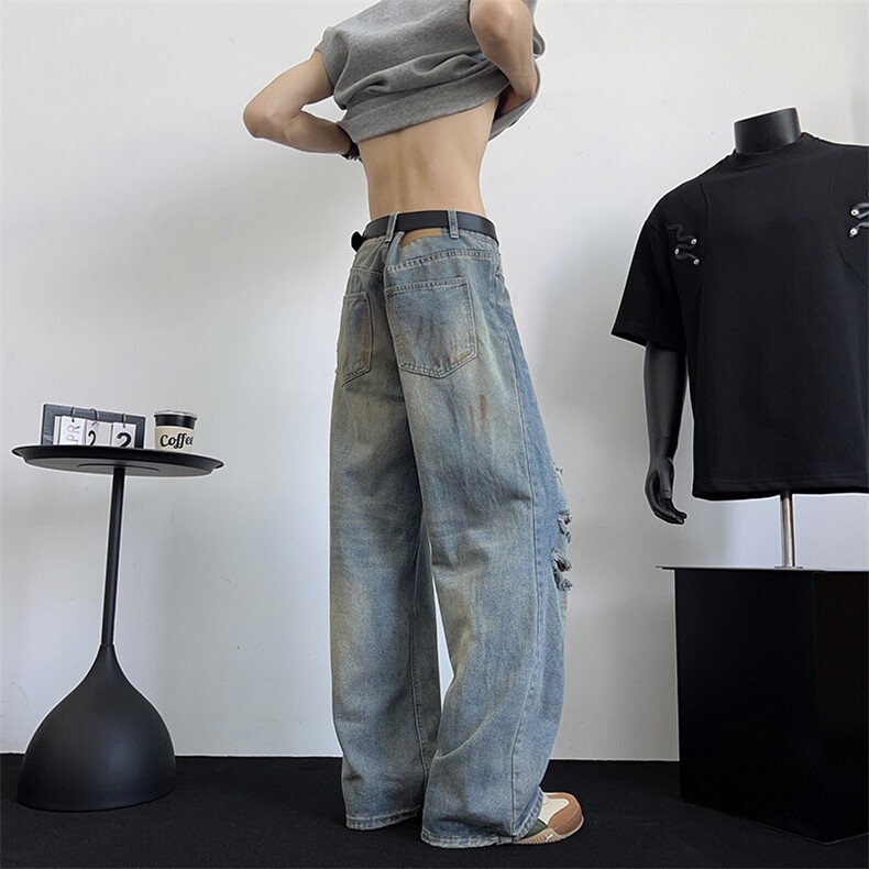 夏季破洞牛仔裤男款小众潮牌裤子美式高街直筒微喇裤N100-P50,男装牛仔裤,星座308B-1