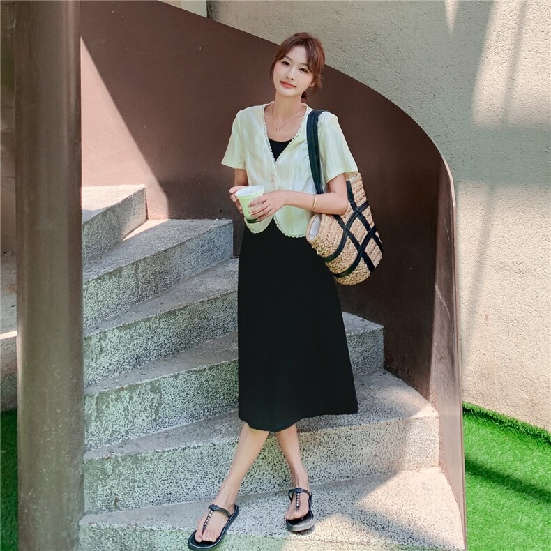 高级感外套背心连衣裙两件套女2025夏季新款韩系显瘦开衫长裙套装,女装套装/套裙,2C307