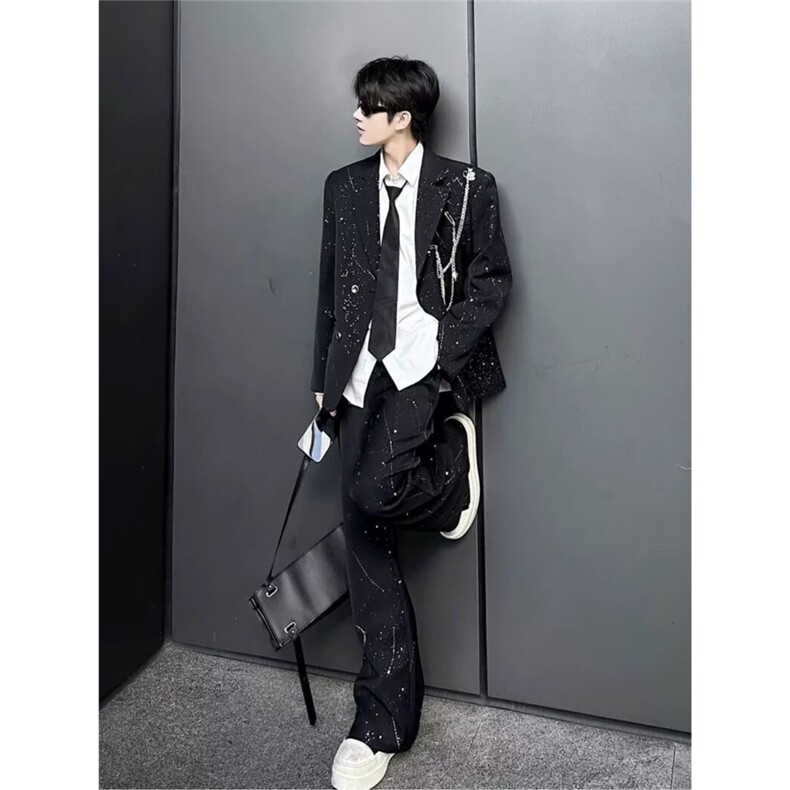 简约轻奢高级感满天星西服套装男士小众设计休闲西裤西装两件套,男装西服套装,星座601-1