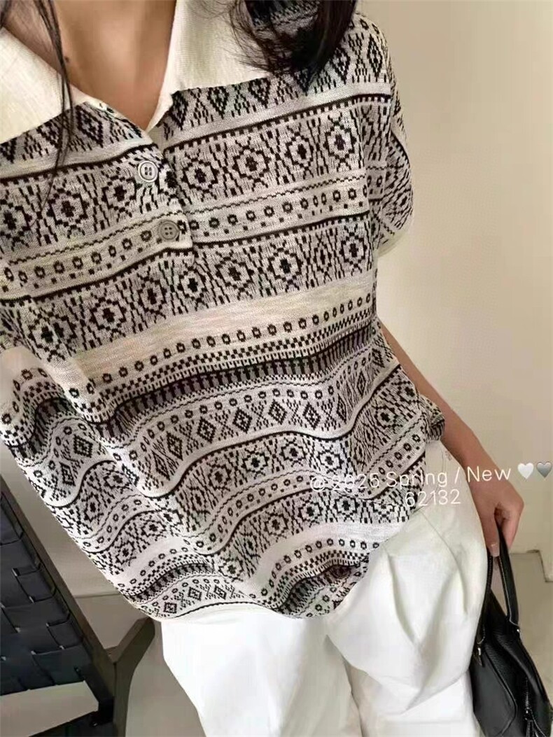 波西米亚风格翻领天丝亚麻短袖女,女装T恤,唐诺
