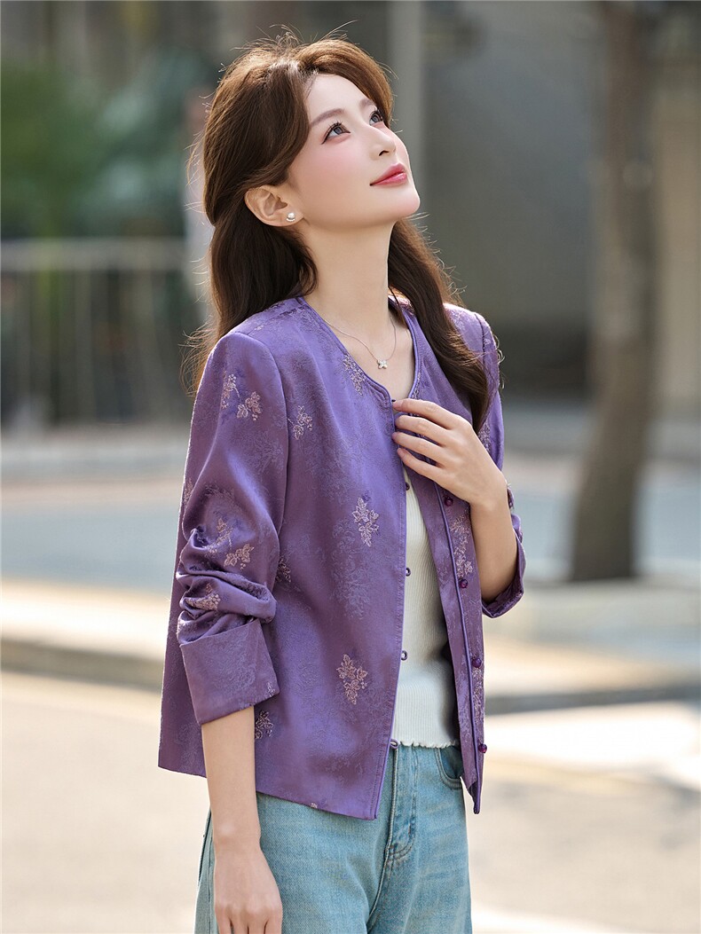 新中式风2026春秋新款紫色刺绣短外套女春季高级感显瘦气质上衣,女装短外套,悠米