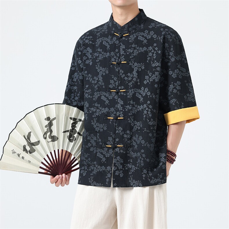 男士衬衫五分袖衬衣中袖印花立领唐装风XZ1512-2551-P45,男装T恤,星座1512