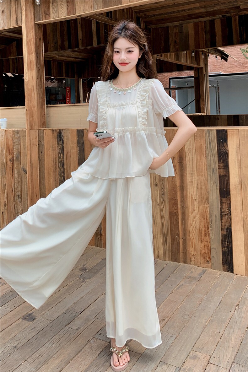 超仙时尚雪纺套装女2026夏新款半透减龄无袖木耳边阔腿裙裤两件套,女装套装/套裙,水衣源