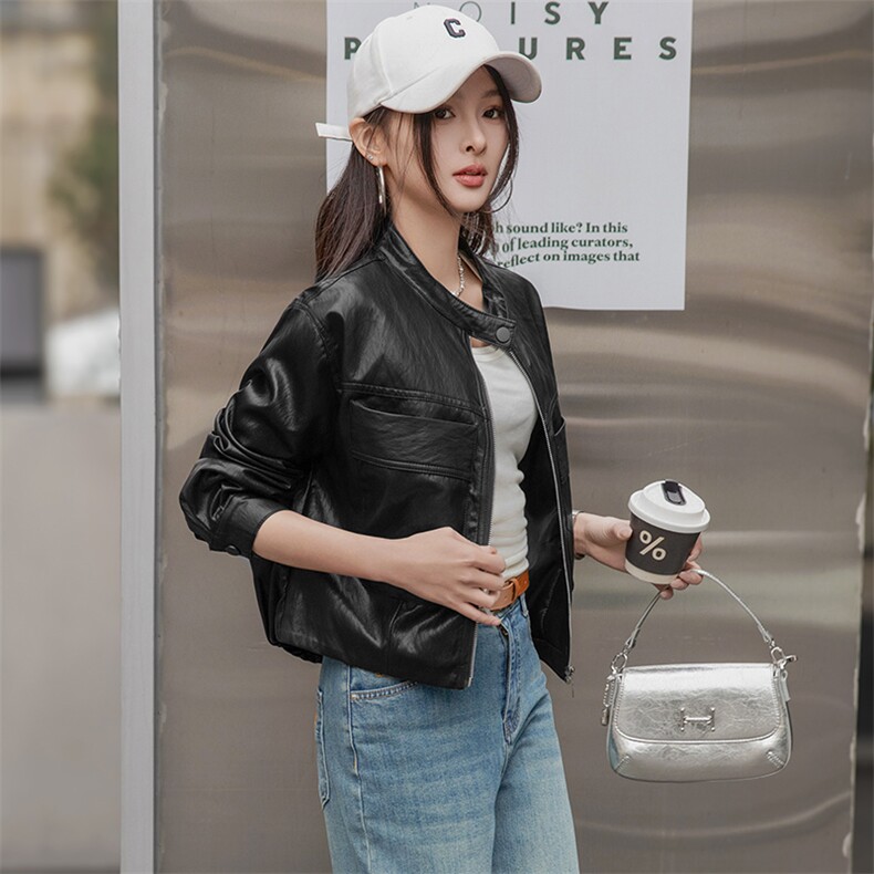 主推皮衣女外套2025春秋新款复古美式酷帅短款夹克上衣,女装皮衣,美拉德工厂直营店