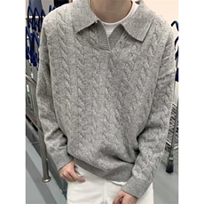 网络图，韩系宽松百搭设计感翻领麻花针织衫XZ302B-1-M0508P58，男装针织衫/毛衣，星座302B-1