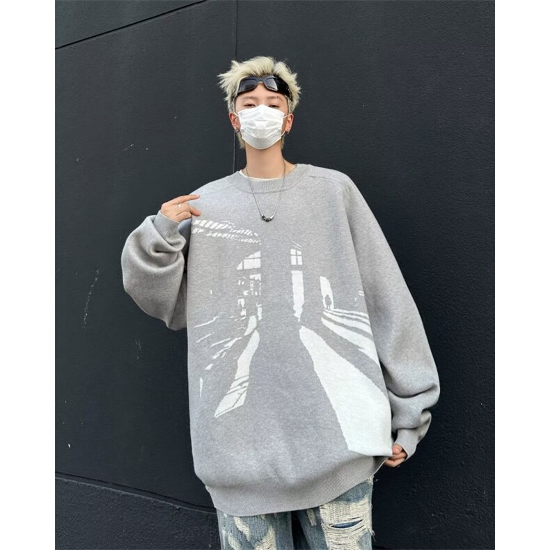 冬新款抽象图案圆领套头毛衣新款小众复古宽松慵懒针织衫,男装针织衫/毛衣,星座716-3