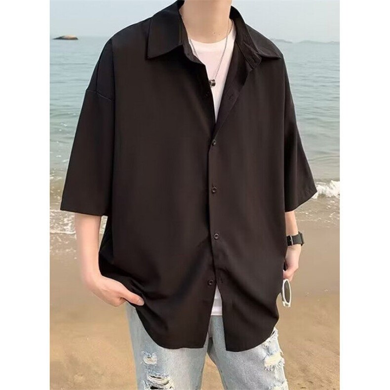 冰丝短袖衬衫男夏季慵懒风垂感七分袖衬衣发型师穿搭痞帅C530,男装T恤,星座1116A（原606A-3）