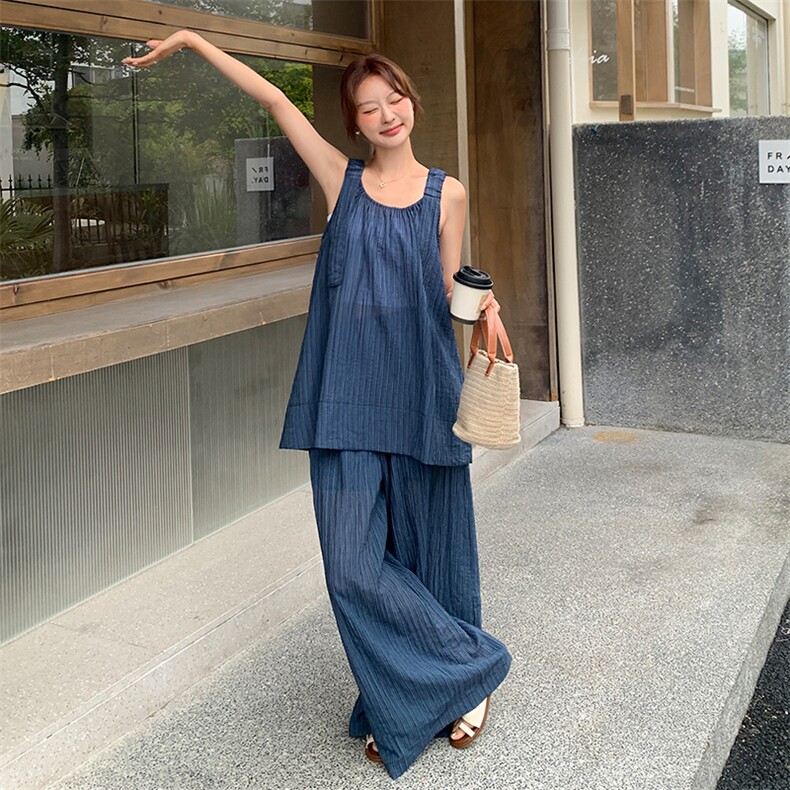 慵懒风宽松吊带上衣拖地阔腿裤套装女2025夏季新款简约休闲两件套,女装套装/套裙,浙宝305