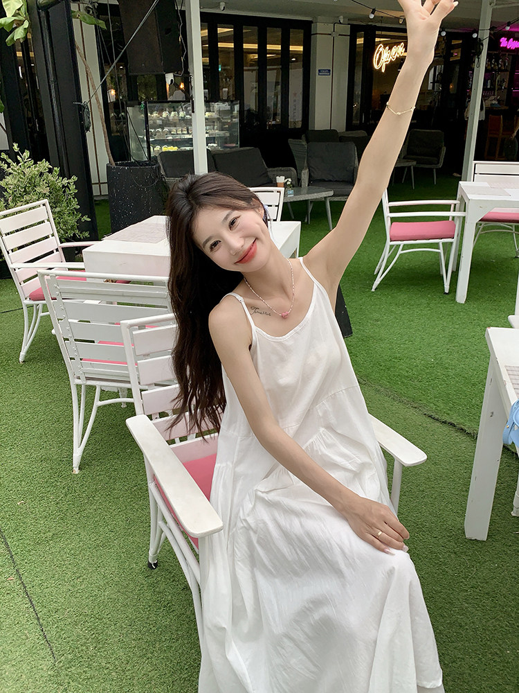 法式初恋白色连衣裙女2025年夏季新款甜美温柔风海边度假吊带长裙,女装连衣裙,诺蝶