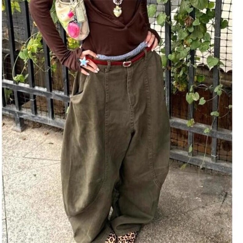时尚美式复古绿色弯刀牛仔裤女2025春新款宽松慵懒松弛感拖地裤,女装牛仔裤,星座506A