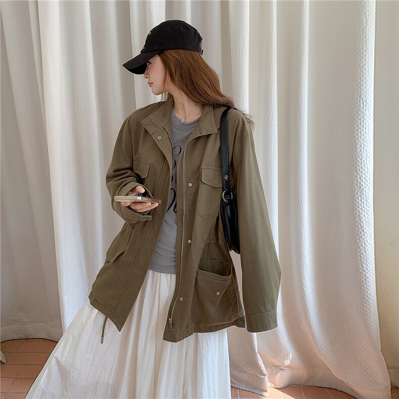 【新款】军绿色工装风衣外套D2145-Y8826-P175-控258,女装短外套,2D145