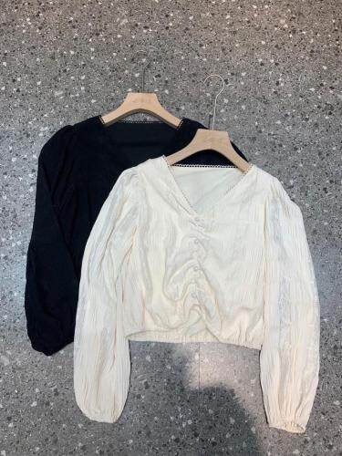 2021年秋季新品欧货Ａ领蕾丝边褶皱温柔长袖小衫，其它，L·H·X