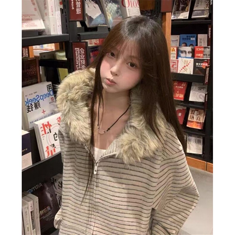 条纹连帽卫衣外套女秋冬季宽松毛领拉链开衫加厚上衣W9039,女装短外套,星座1116A（原606A-3）