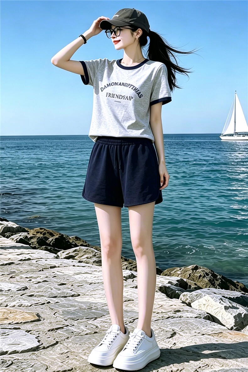 休闲时尚运动套装女夏新款圆领字母印花短袖上衣蓝色短裤两件套潮,女装套装/套裙,江南