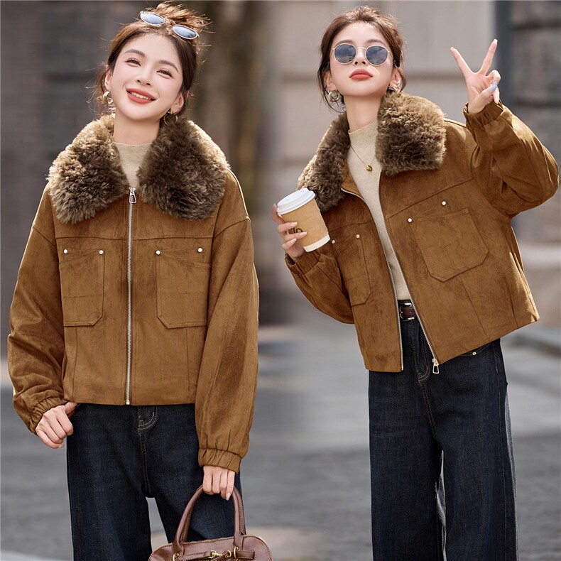复古咖色麂皮绒加绒外套女2025秋冬小个子超好看加厚保暖棉服上衣,女装短外套,英标秀（1C119）