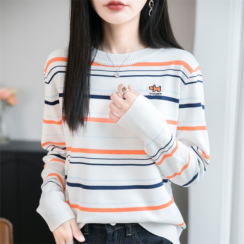 条纹刺绣长袖t恤女秋季2025新款打底衫洋气大码女装冰丝针织上衣,女装羊毛衫,萱芳婷羊绒