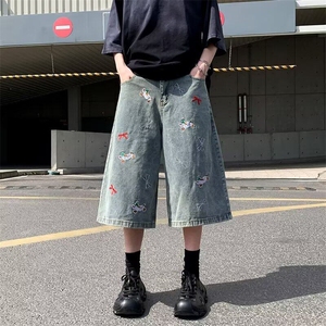 复古七分牛仔短裤男女新款小狗刺绣裤子宽松显瘦百搭休闲阔腿裤图片