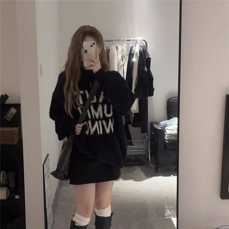 潮美式字母仿貂绒毛衣男女2025秋冬季加厚高街情侣针织衫上衣,男装针织衫/毛衣,星座506A