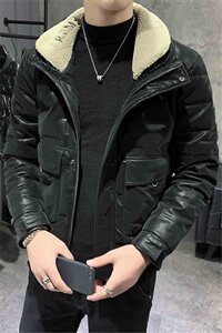 店主风pu皮羽绒服毛领刺绣立领男士冬季保暖外套C301B-YR01图片